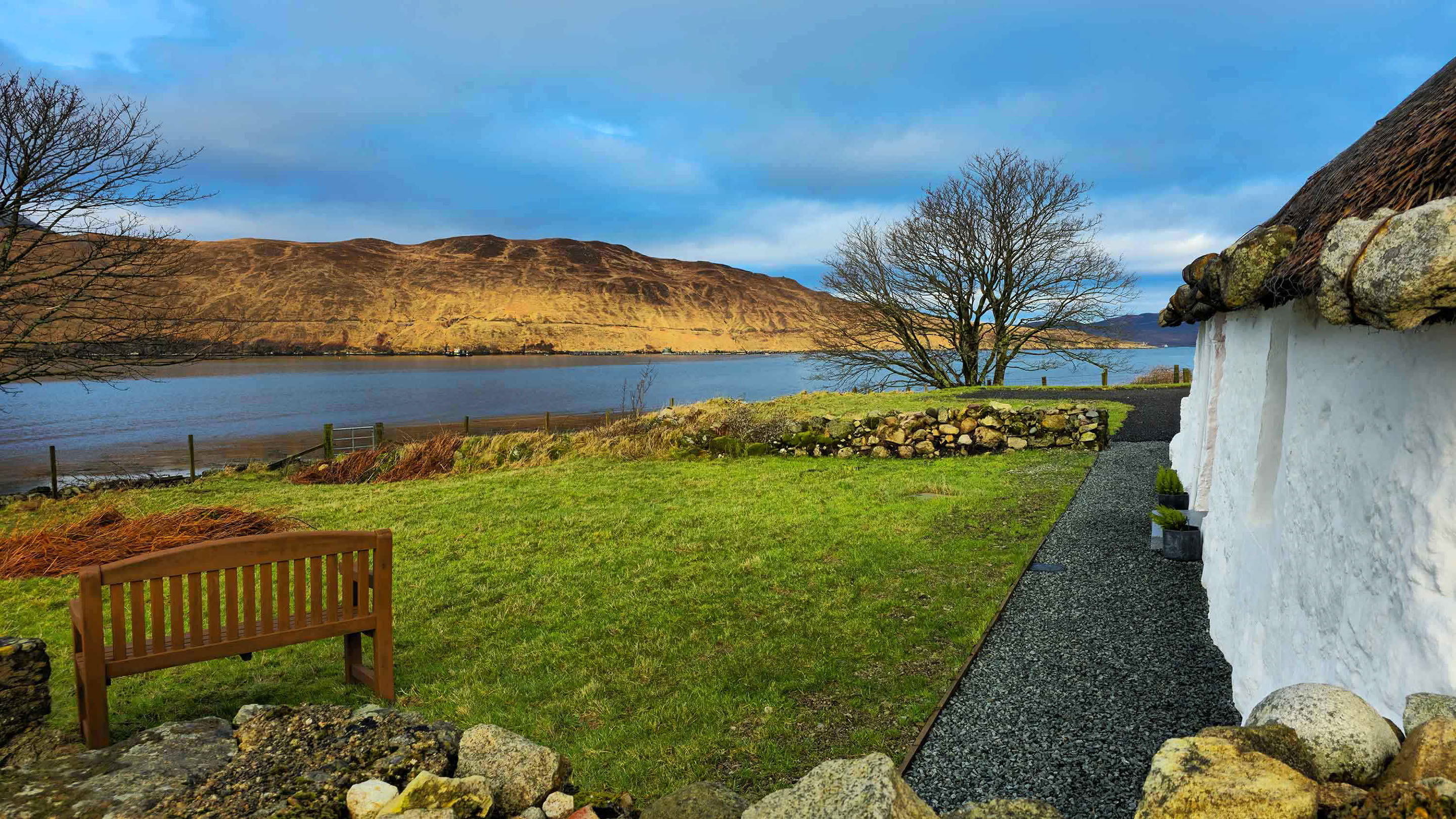 Katie Ann's Thatched Cottage self catering accommodation look on to sea views of Loch Ainort
